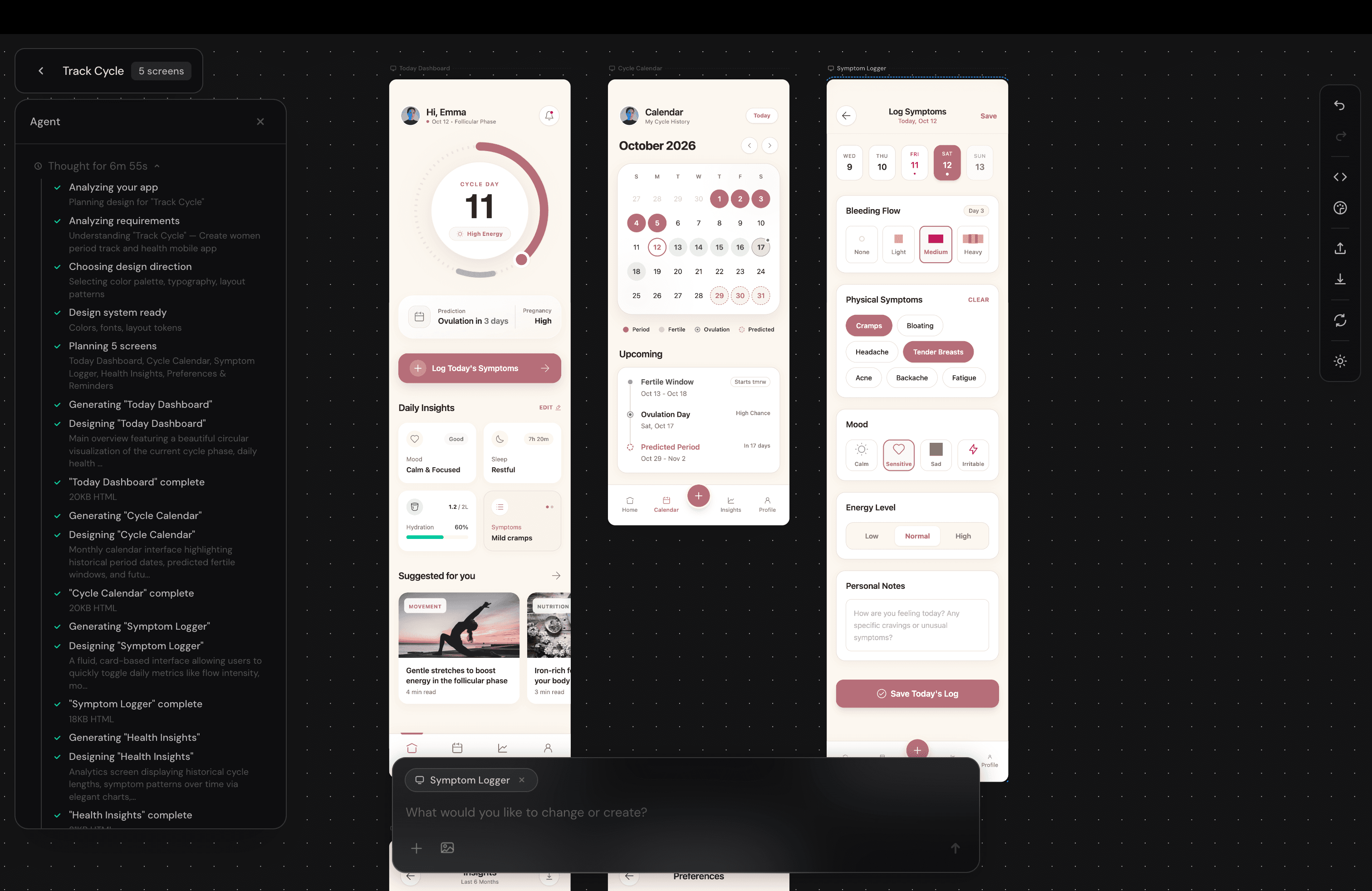 Wirefraime workspace showing an AI-designed five-screen mobile app flow