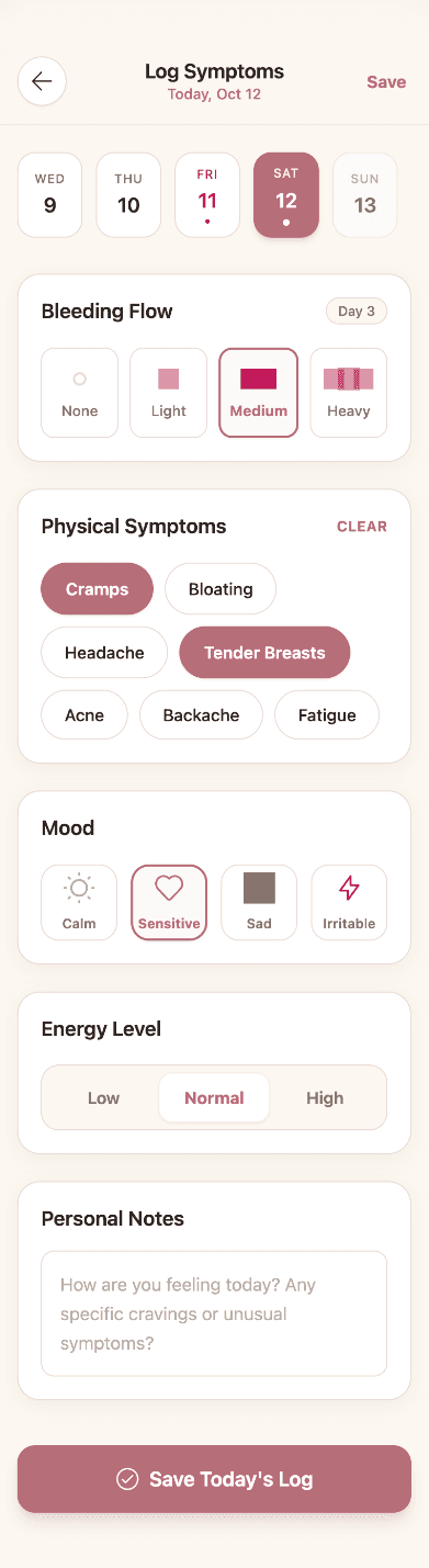 Symptom logger screen generated by Wirefraime