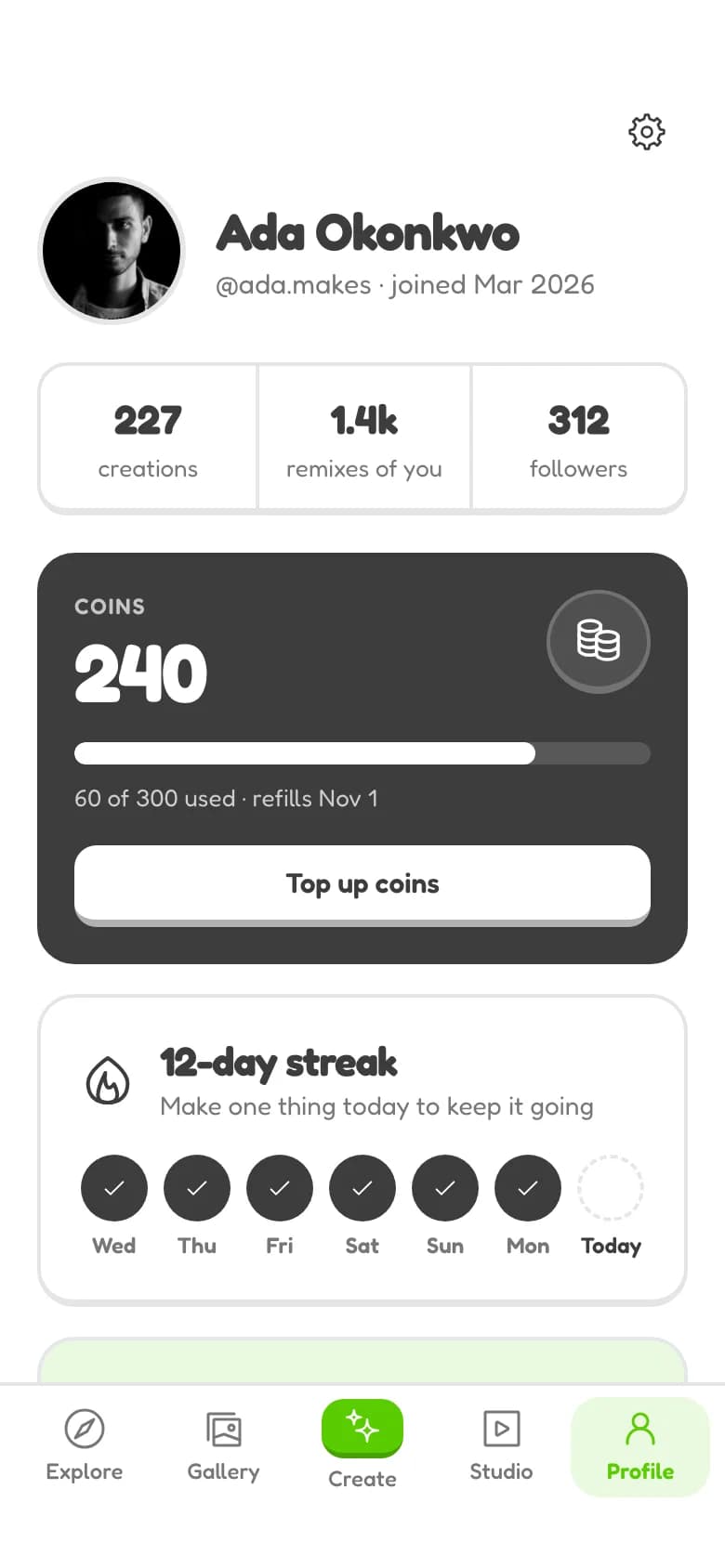 Profile screen generated by Wirefraime
